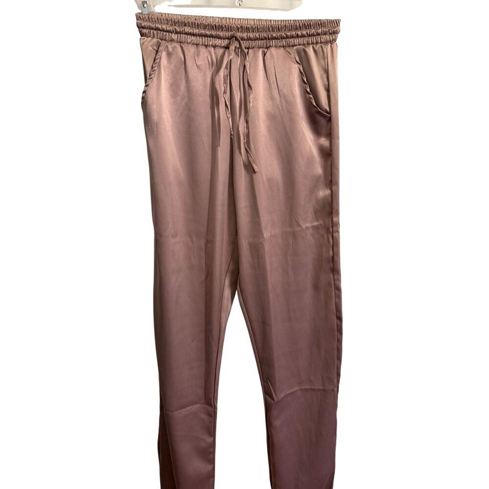 Fashion Nova Womens Satin Strapless Top & Drawstring Joggers Set Size S Rose Gol